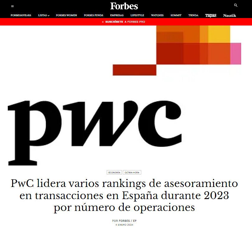 PwC lidera varios rankings de asesoramiento en transacciones en Espaa durante 2023 por nmero de operaciones
